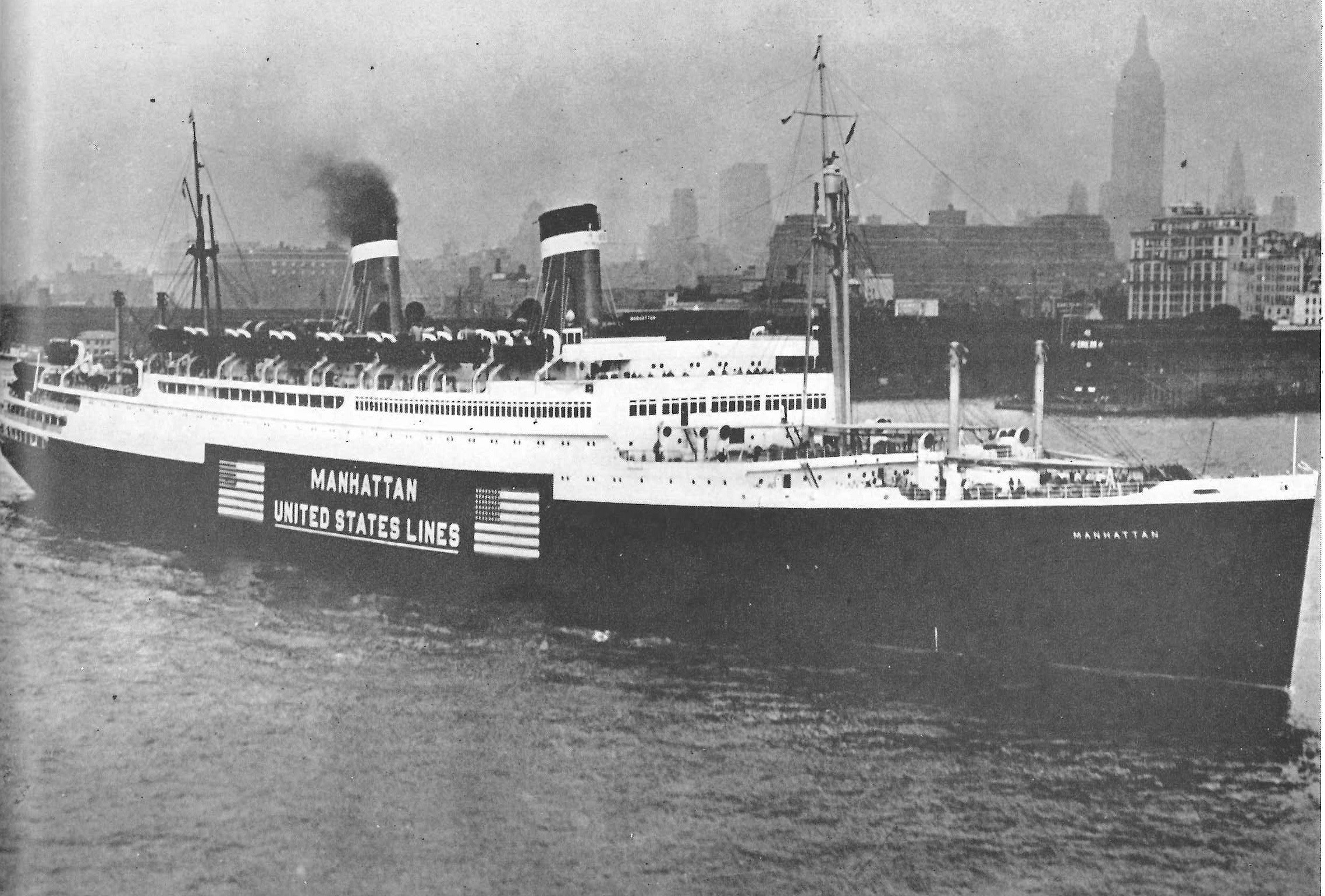 .  Pre-World War II photo of the passenger line SS Manhattan just before the U.S. entry into the war showing enlarged identification to avoid attack by U-boats. (U.S. Coast Guard)