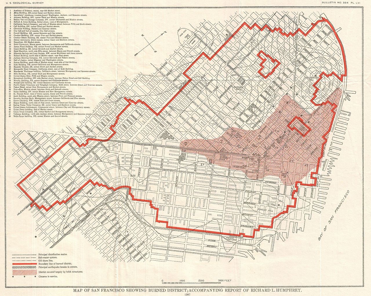 . A map of San Francisco from a U.S. Geological Society publication showing the extent of the fire from the 1906 earthquake and fire. (“The San Francisco Earthquake and Fire of April 18, 1906,” U.S. Geological Survey, 1907)