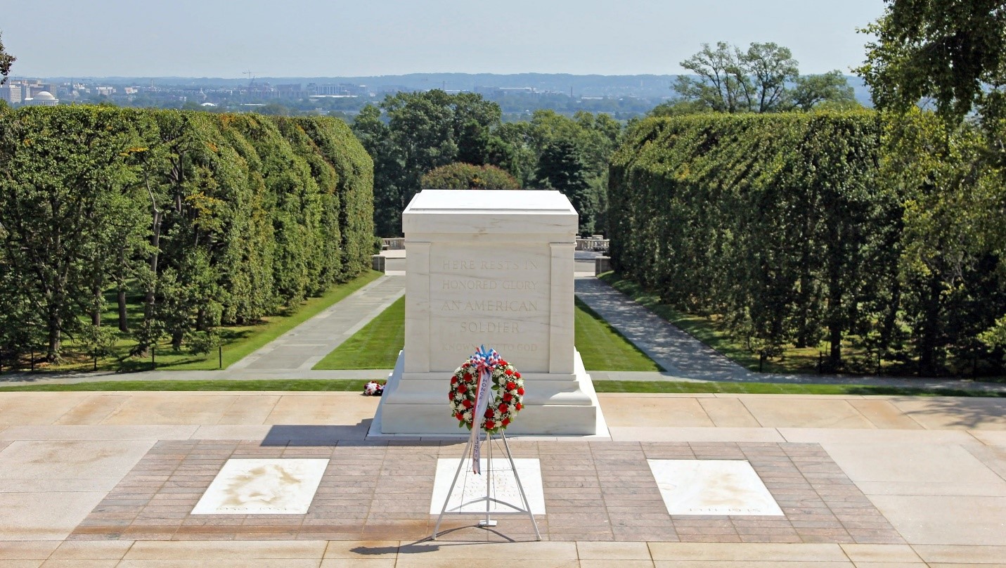 The Tomb of the Unknown Soldier, at Arlington National Cemetery, with downtown Washington, D.C. visible on the horizon to the left. (Courtesy Arlington National Cemetery)