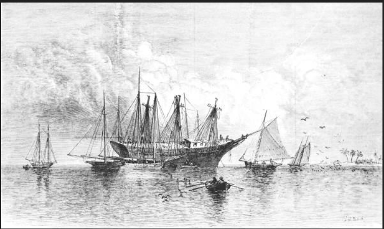An engraving showing “wreckers” salvaging a grounded vessel in the Florida Keys. In 1822, around 40 British and nine American sloops served as wreckers in the Keys. In addition to providing rescue and salvage assistance to grounded vessels, a few were also notorious smugglers and pirates. (State Archives of Florida)