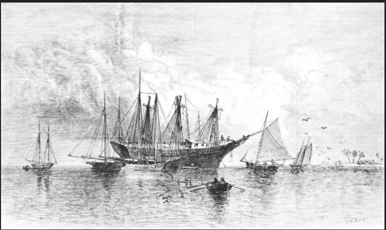 Une gravure montrant des « naufrageurs » récupérant un navire échoué dans les Florida Keys.  En 1822, environ 40 sloops britanniques et neuf américains ont servi de naufrageurs dans les Keys.  En plus de fournir une aide au sauvetage et au sauvetage des navires échoués, quelques-uns étaient également des contrebandiers et des pirates notoires.  (Archives de l'État de Floride)