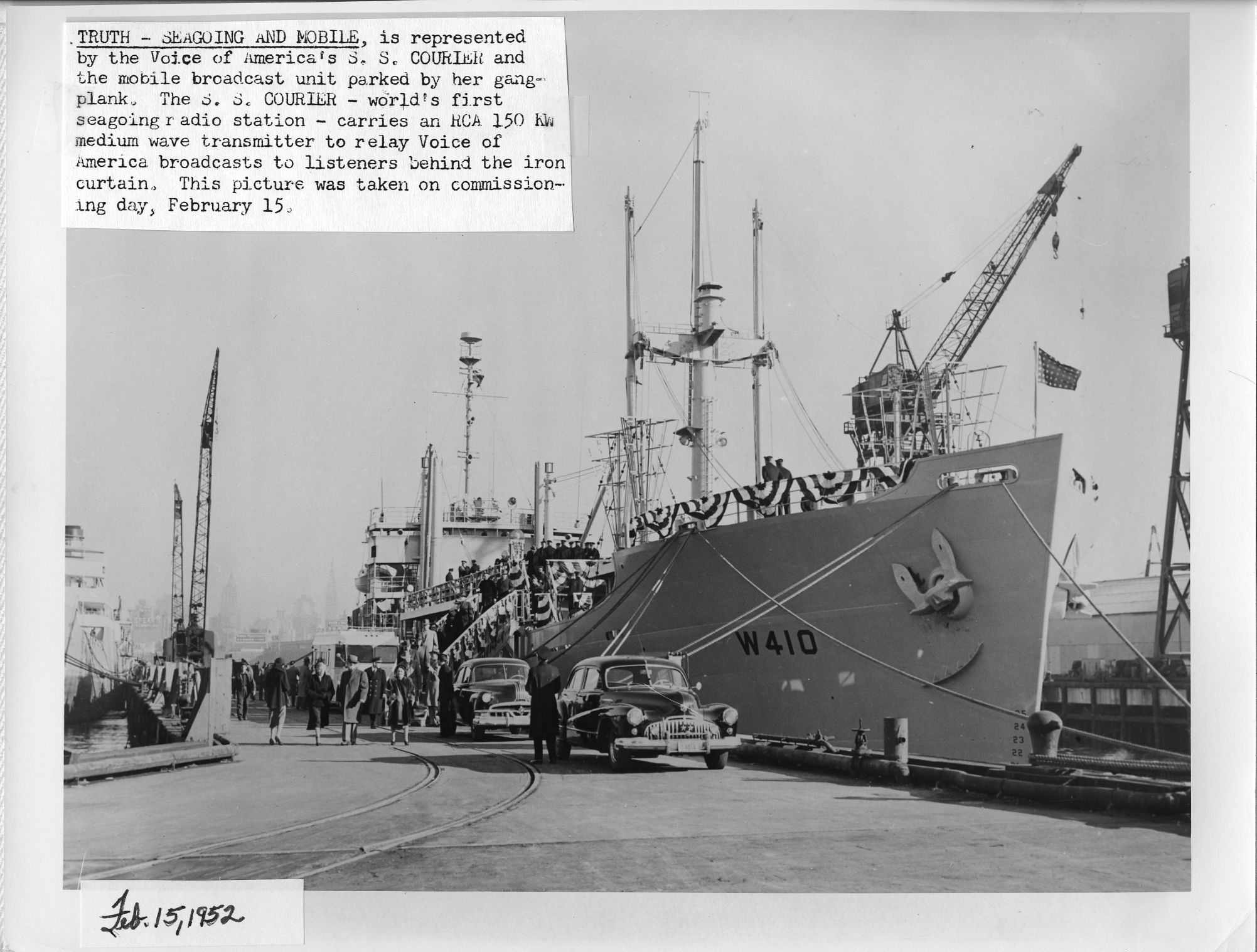 The Feb. 15, 1952, commissioning of Coast Guard Cutter Courier, “world’s first seagoing radio station.” (The crew of the Coast Guard Cutter Courier, as collected by the Coast Guard Cutter Courier/VOA Association)