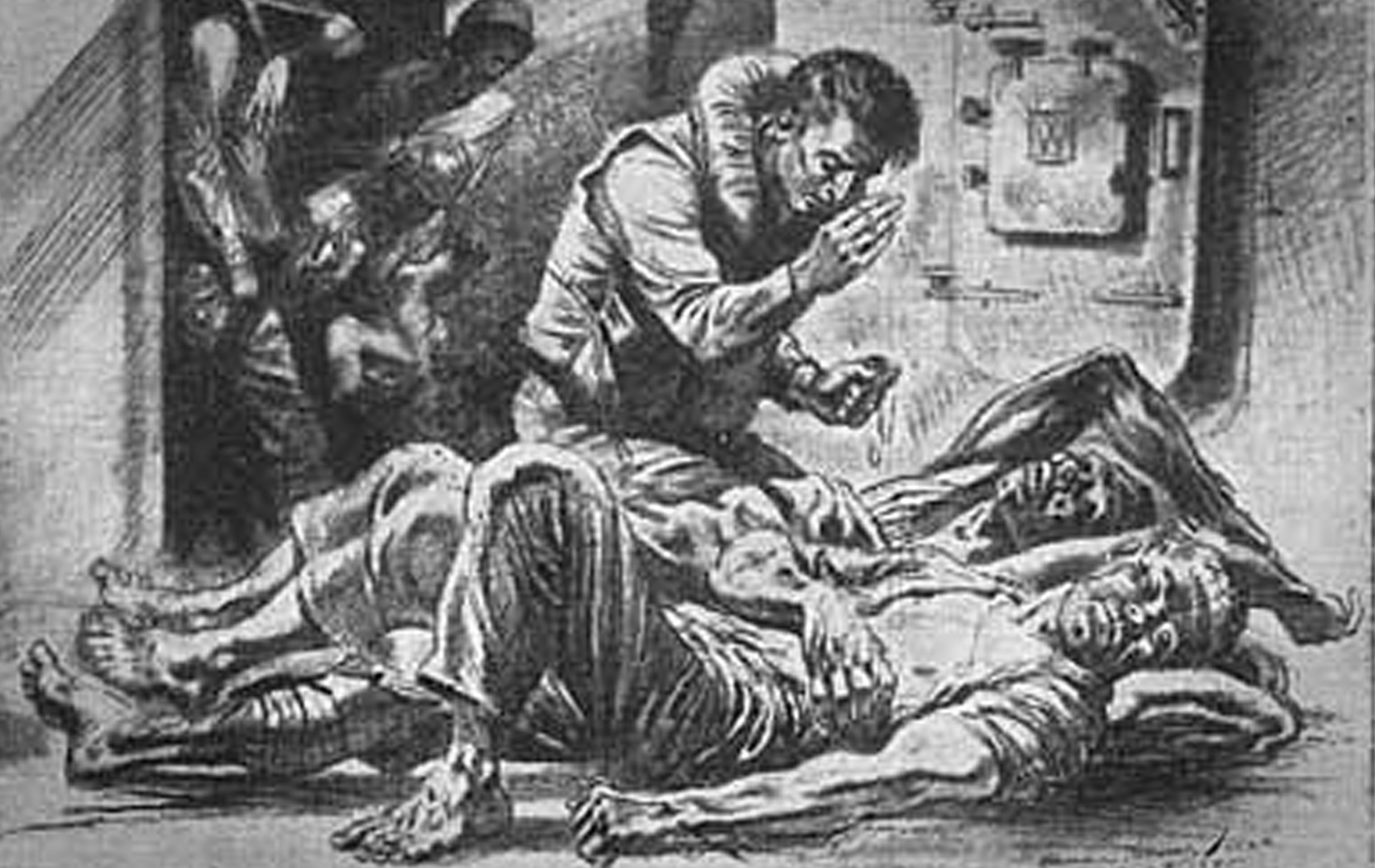 Coast Guard combat artist Norman Thomas drew this illustration of Navy chaplain Thomas Dunleavy administering last rites to two dying Callaway crewmembers. (U.S. Coast Guard) Coast Guard combat artist Norman Thomas drew this illustration of Navy chaplain Thomas Dunleavy administering last rites to two dying Callaway crewmembers. (U.S. Coast Guard)