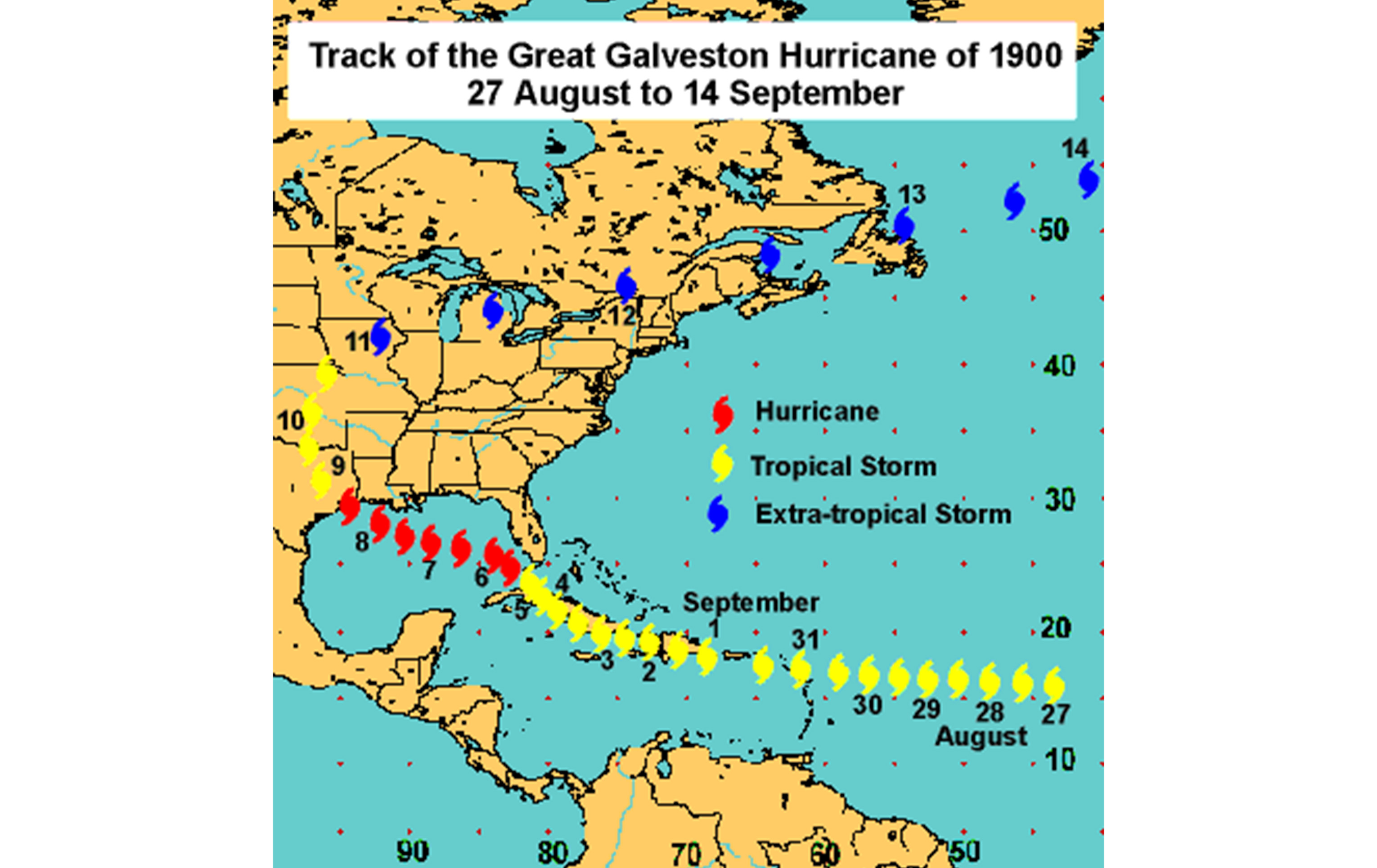 Chart showing the track of the Great Galveston Hurricane of 1900. (Library of Congress) Chart showing the track of the Great Galveston Hurricane of 1900. (Library of Congress)