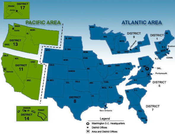 Chart showing location of District 5 within Atlantic Area and the states within its boundaries. (U.S. Coast Guard)