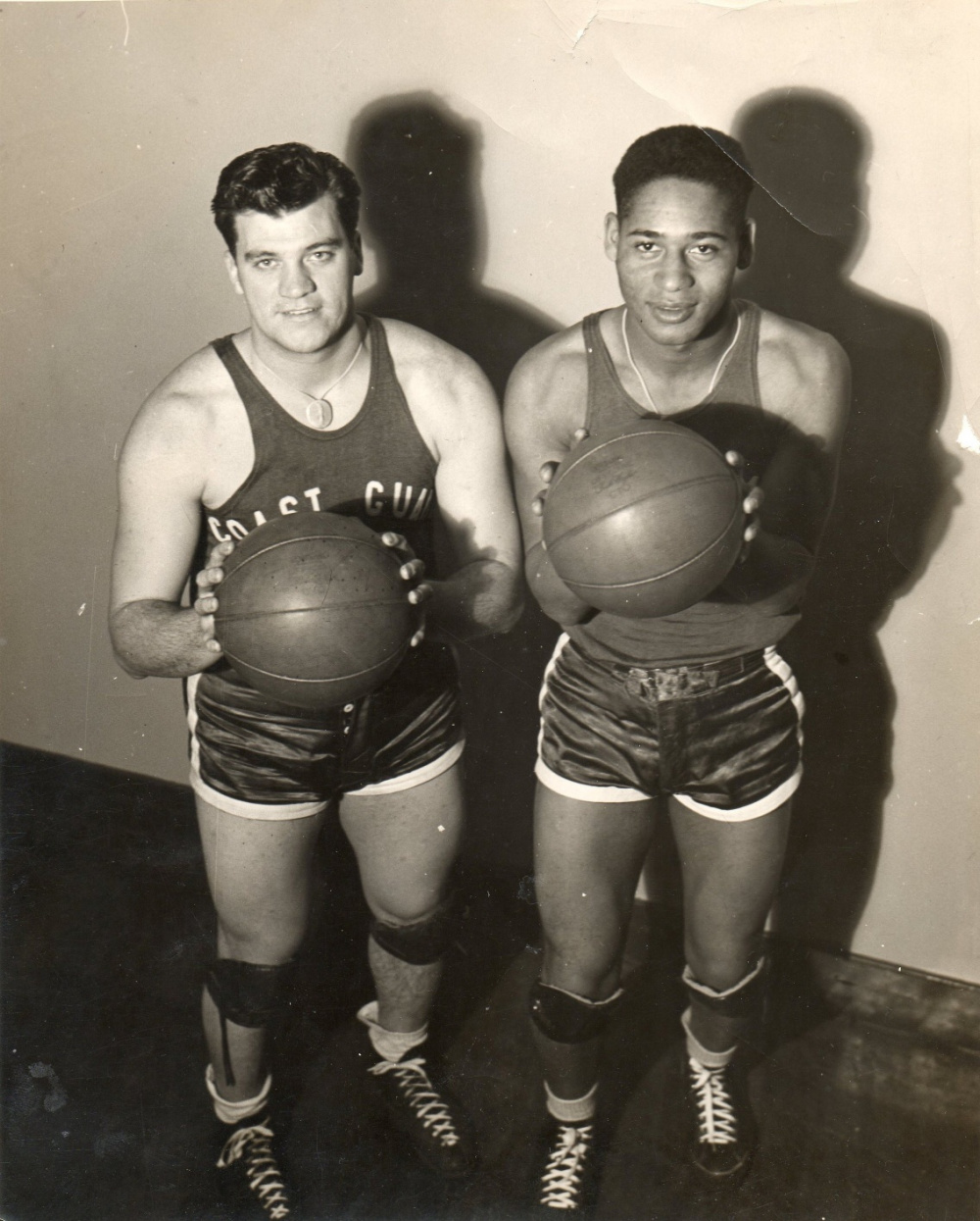 Emlen Tunnell, right, with his shipmate Louis Fiorella in Alameda, Calif. Emlen Tunnell was the first African American to play NFL football for the New York Giants. Tunnell also posthumously received the Coast Guard Silver Lifesaving Medal for his actions in World War II. (U.S. Coast Guard courtesy photo)