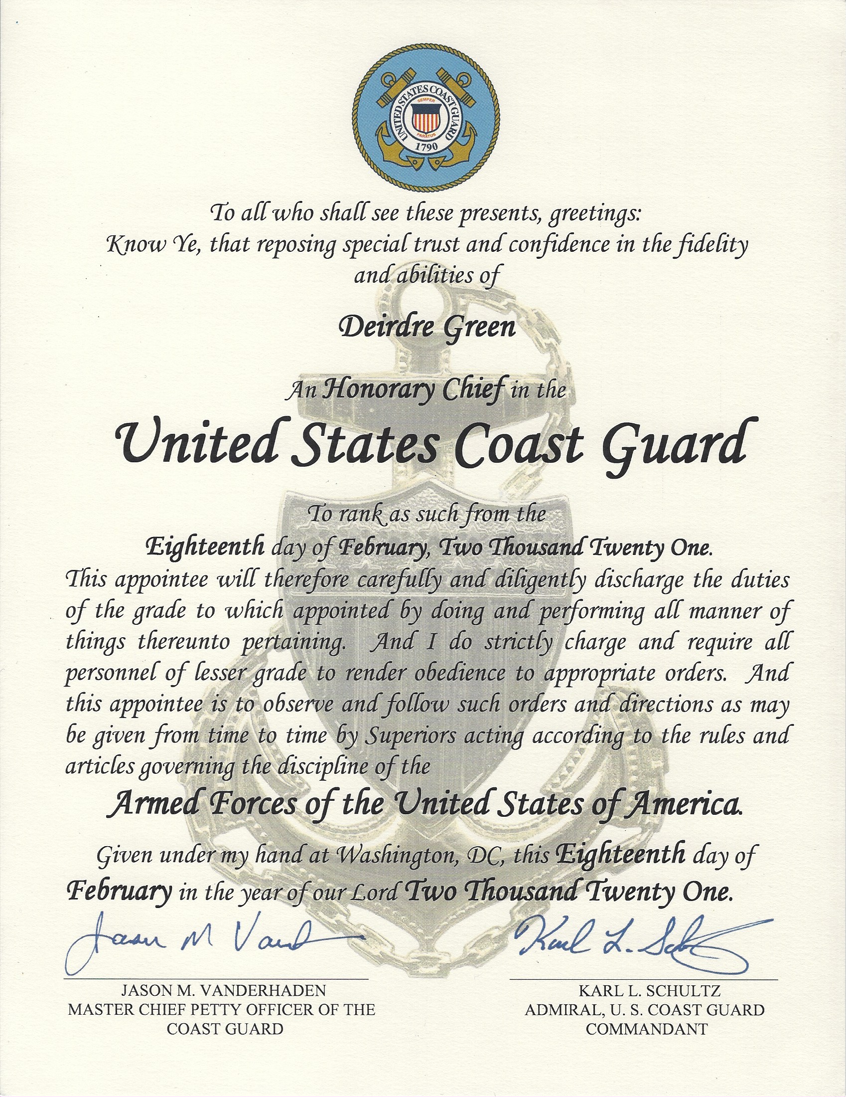 Honorary Chief Green's certificate Honorary Chief Green's certificate