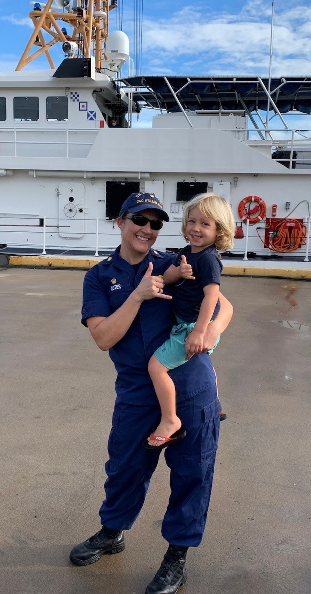 Lt. Cmdr. Laura Foster and son Harrison Rudy say goodbye prior to USCGC William Hart’s 36-day Expeditionary Patrol to American Samoa.