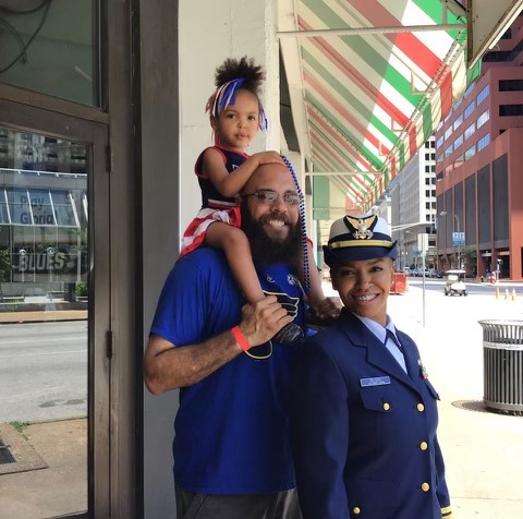 Coast Guard spouse Barry Wilson (left) is pictured with his wife, Lt. Cmdr. Crystal Wilson and their daughter Chloe.