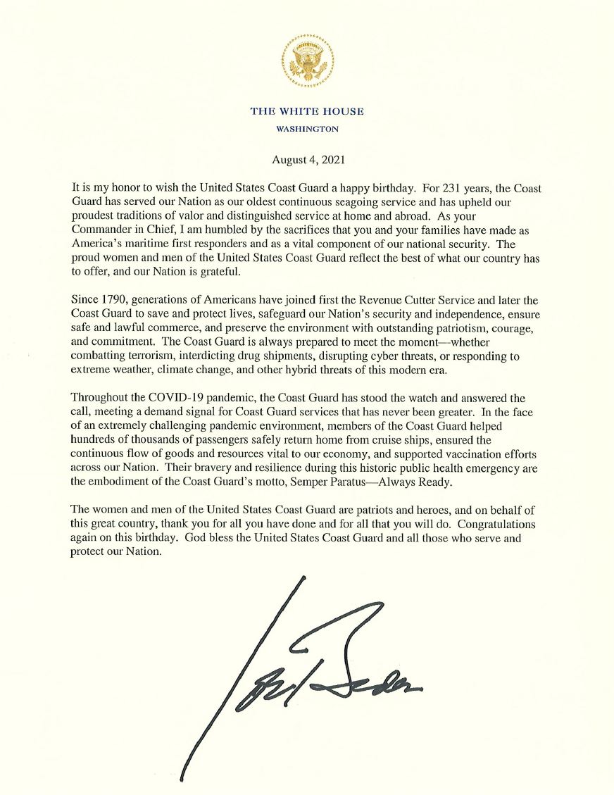 Letter from President Joe Biden to the U.S. Coast Guard, recognizing the service's 231st birthday.