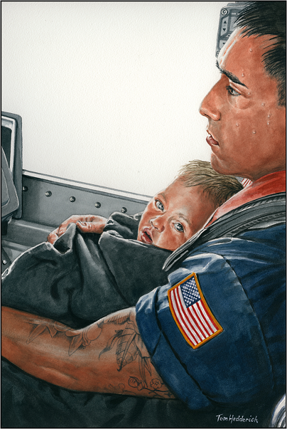 A Coast Guard machinery technician from Station Galveston holds an infant after rescuing him from a grounded fishing vessel near Rollover Pass in Gilchrist, Texas. Coast Guard Sector Houston-Galveston watchstanders received a report of three fishing vessels aground in the Intracoastal Waterway north of Rollover Pass when concerns were raised about possible rollovers occurring due to Hurricane Delta.This was the 10th named storm to strike the United States in 2020 and the third major one in that year’s record-breaking hurricane season. (U.S. Coast Guard illustration by Tom Hedderich) A Coast Guard machinery technician from Station Galveston holds an infant after rescuing him from a grounded fishing vessel near Rollover Pass in Gilchrist, Texas. Coast Guard Sector Houston-Galveston watchstanders received a report of three fishing vessels aground in the Intracoastal Waterway north of Rollover Pass when concerns were raised about possible rollovers occurring due to Hurricane Delta.This was the 10th named storm to strike the United States in 2020 and the third major one in that year’s record-breaking hurricane season. (U.S. Coast Guard illustration by Tom Hedderich)