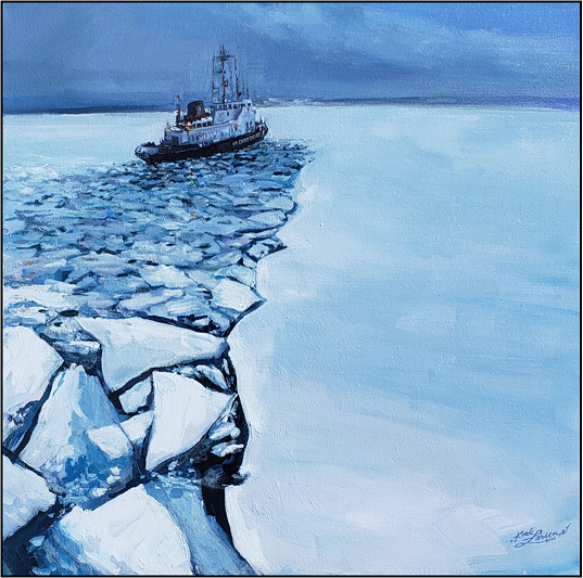 The Coast Guard Cutter Katmai Bay breaks ice for freighters navigating through the St. Marys River in the Great Lakes and near Group Sault Ste. Marie, Mich. During the winter, paths must be made in the ice for commercial vessels to continue shipping goods. . (U.S. Coast Guard illustration by Kirk Larsen)