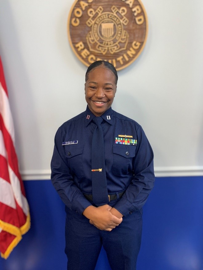 Lt. Tia Grandville, officer recruiter at the Coast Guard’s Hampton Roads Recruiting Office, is an alumna of Spelman College and the Coast Guard College Student Pre-Commissioning Initiative (CSPI). CSPI is a scholarship program, open to students of all races and ethnicities, which pays up to two academic years of college tuition at Minority Serving Institutions. 
