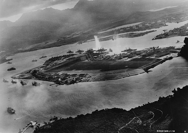 Aerial view of Pearl Harbor, during the surprise attack, shot from a Japanese aircraft. (Courtesy of the U.S. Navy)