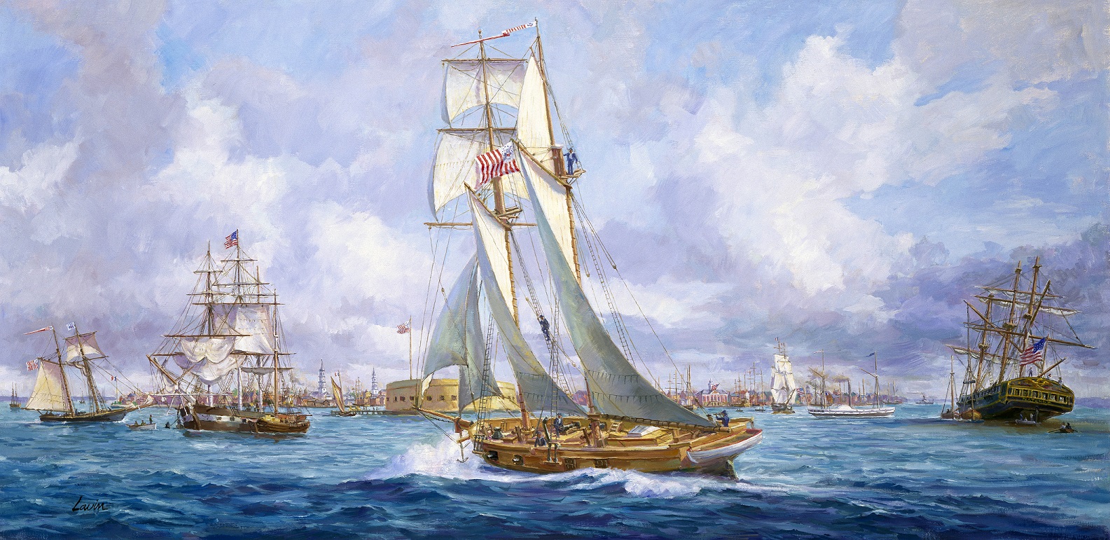 The painting “Enforcing the Tariff” by painter Bob Lavin, showing a cutter enforcing Federal tariffs in Charleston Harbor during the 1833 Nullification Crisis. (U.S. Coast Guard Collection)