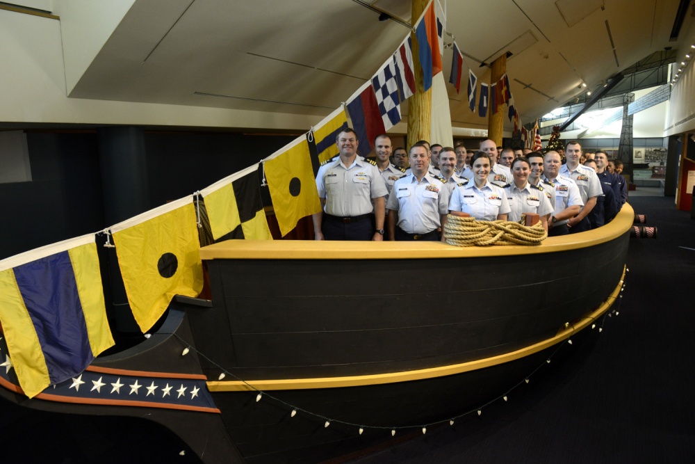 Full-size replica of Diligence II at the Independence Seaport Museum with active –duty Coast Guard members on board. (Coast Guard photo)