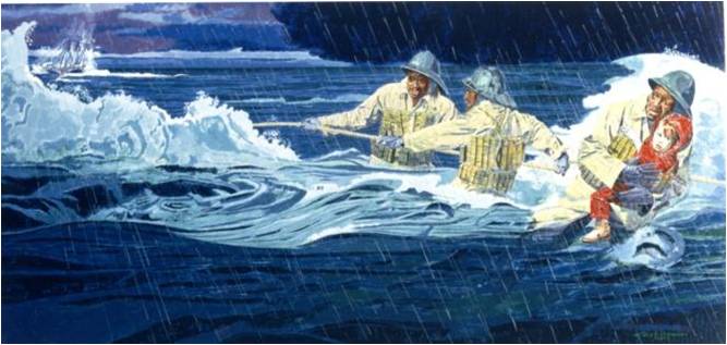 Well known painting of the E.S. Newman rescue by Roy la Grone titled, “Pea Island Crew Makes a Rescue.” (Coast Guard Collection)