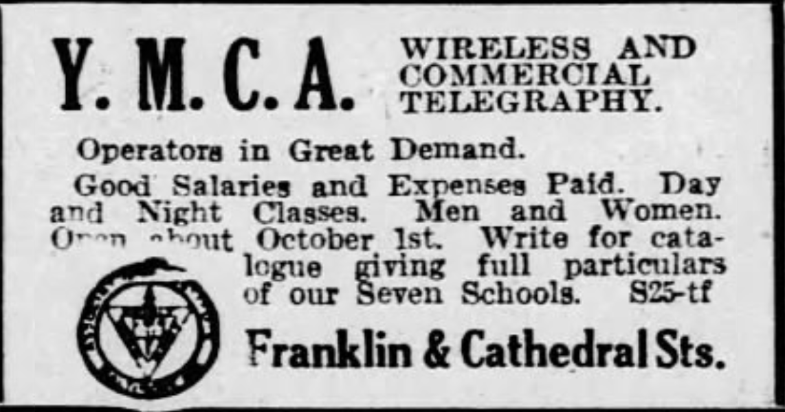 Faded newspaper advertisement for YMCA courses in wireless and commercial telegraphy offered prior to World War I. (Baltimore Sun)