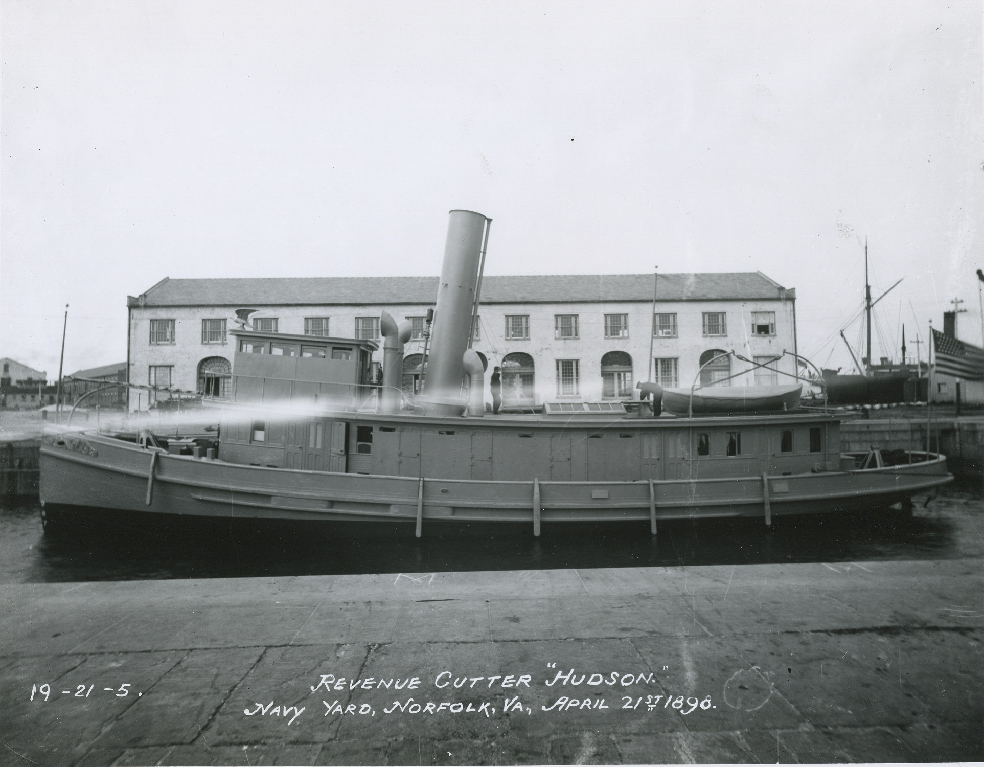 The USRC Hudson normally patrolled the waters of New York City. The Navy called the cutter into service for the Spanish-American War and ordered Newcomb to bring the cutter to the Norfolk Navy Yard (shown above at the Yard) to be outfitted for war. (U.S. Navy photo)