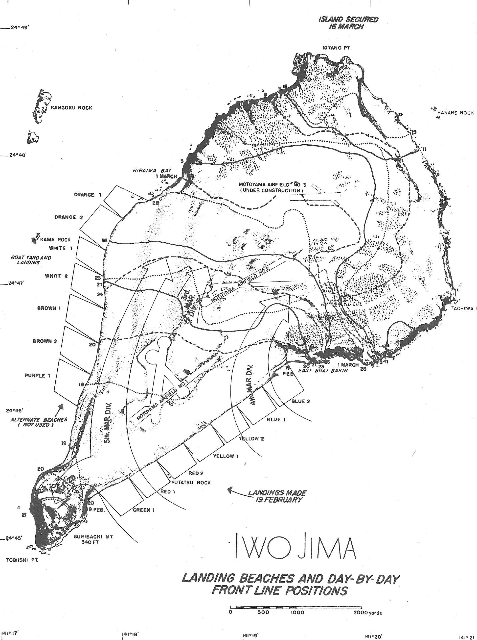 Official map of Iwo Jima showing the landing beaches on the southeast side of the island. (Coast Guard at War)