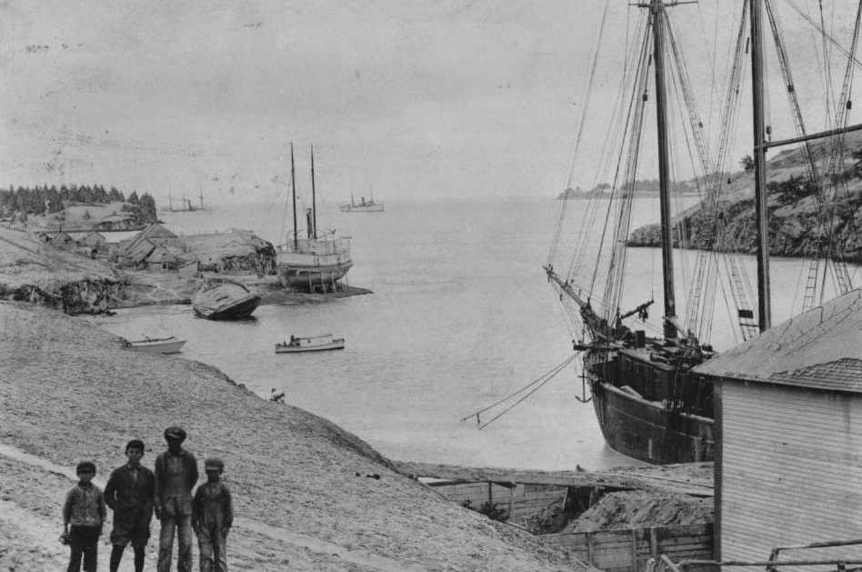 Scene looking out to sea from Kodiak Harbor at around the time of the Katmai eruption, June 6, 1912. (Alaska Historical Society)