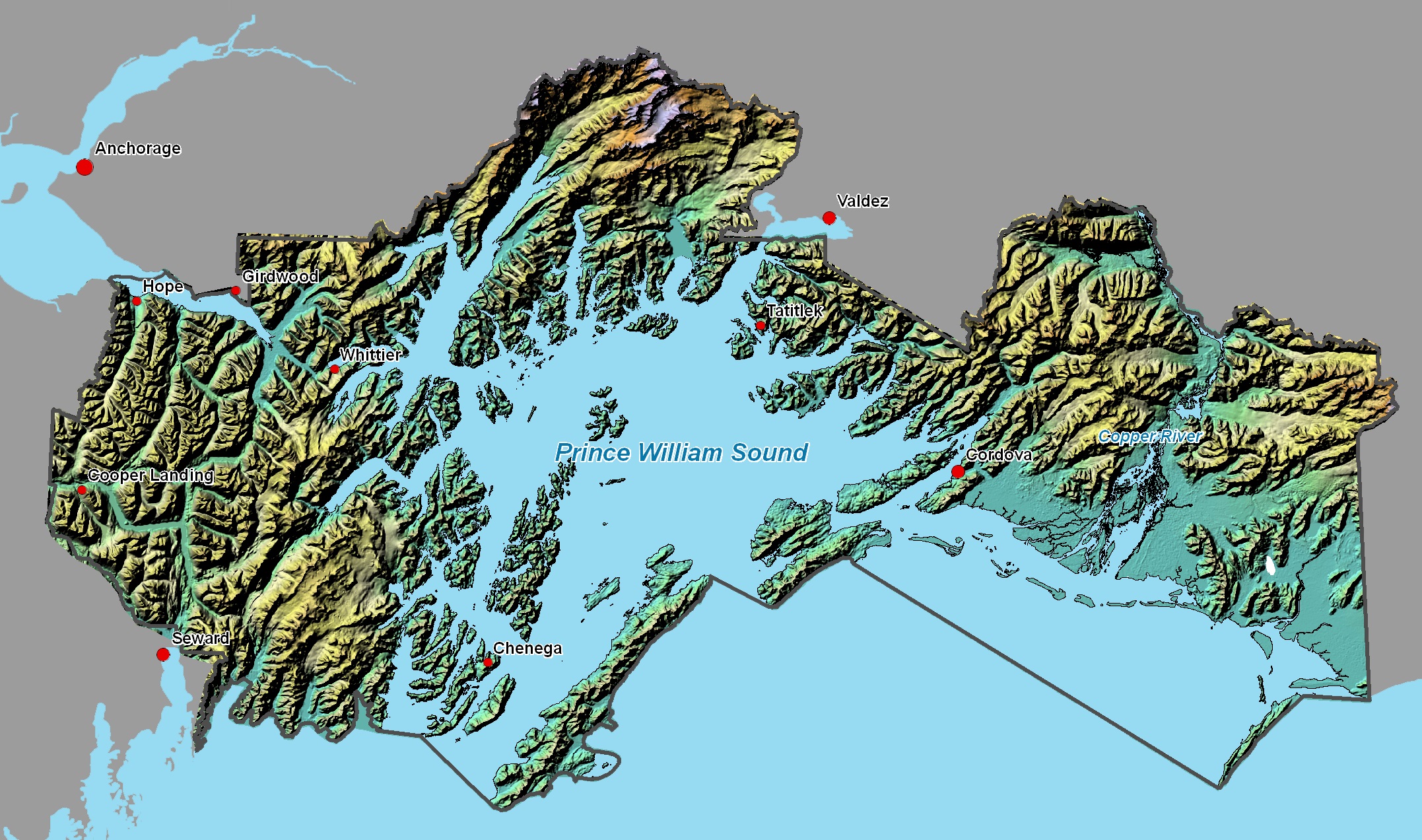 2.	A map of the Chugach National Forest that shows some of the hardest hit communities of the 1964 Earthquake. (Wikipedia)