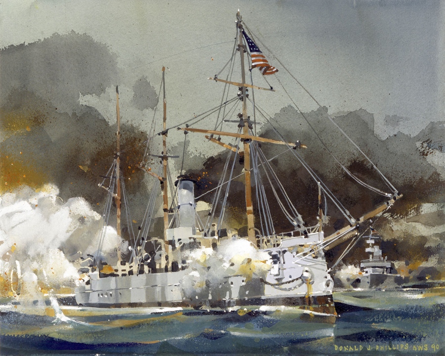 Watercolor illustration of the Revenue Cutter McCulloch in combat during the Battle of Manila Bay. Notice the inaccurate hull color of white rather than the navy gray she wore at the time of the battle. (Coast Guard Collection)