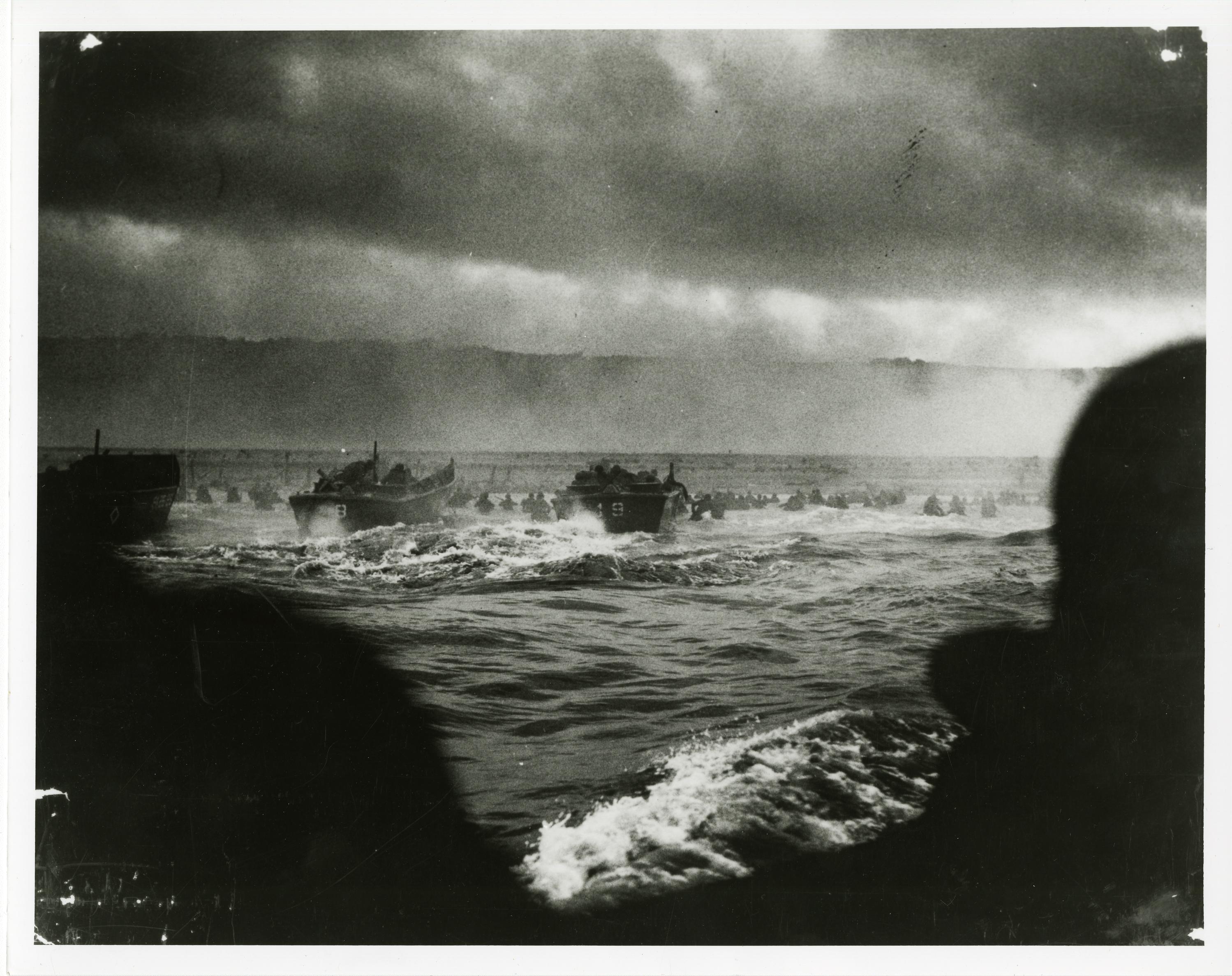 Coast Guard photograph of Landing Craft (LCVPs) running toward the beaches of Normandy on D-Day, June 6, 1944. (Coast Guard Collection)