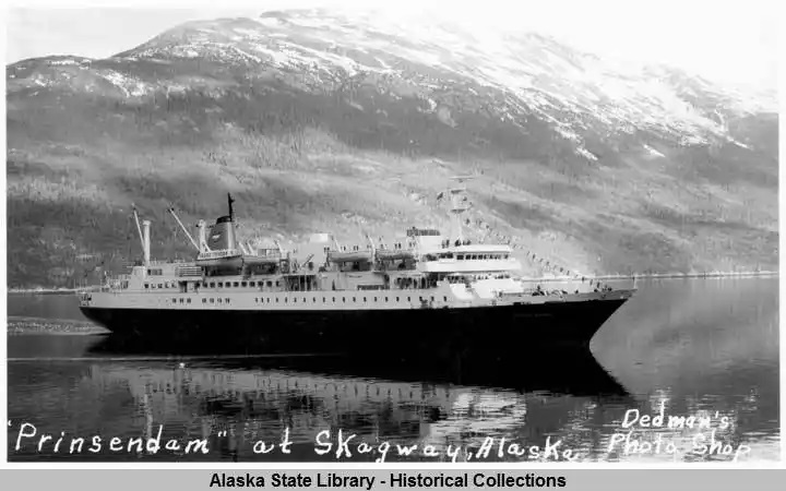 Prinsendam cruising the sheltered waters near Skagway, Alaska, before her fire and subsequent loss. (Alaska State Library)