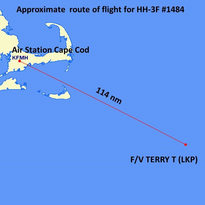 Approximate flight route to Terry T’s last known position “about 70 miles southeast of Nantucket, about 15 miles east of the Nantucket Lightship.” (Courtesy of the author)