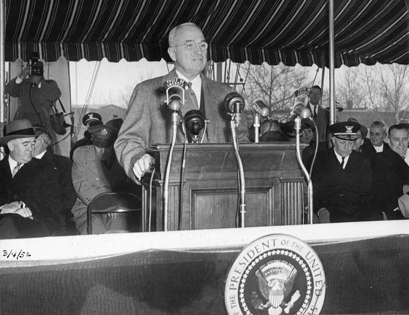 President Harry S Truman delivers his March 1952 “Voice of America Address” from the deck of the Courier moored in Washington, D.C. (Truman Presidential Library