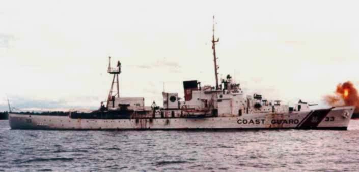 High-Endurance Cutter Duane firing its five-inch deck gun during a gunfire support mission in Vietnam. (U.S. Coast Guard)