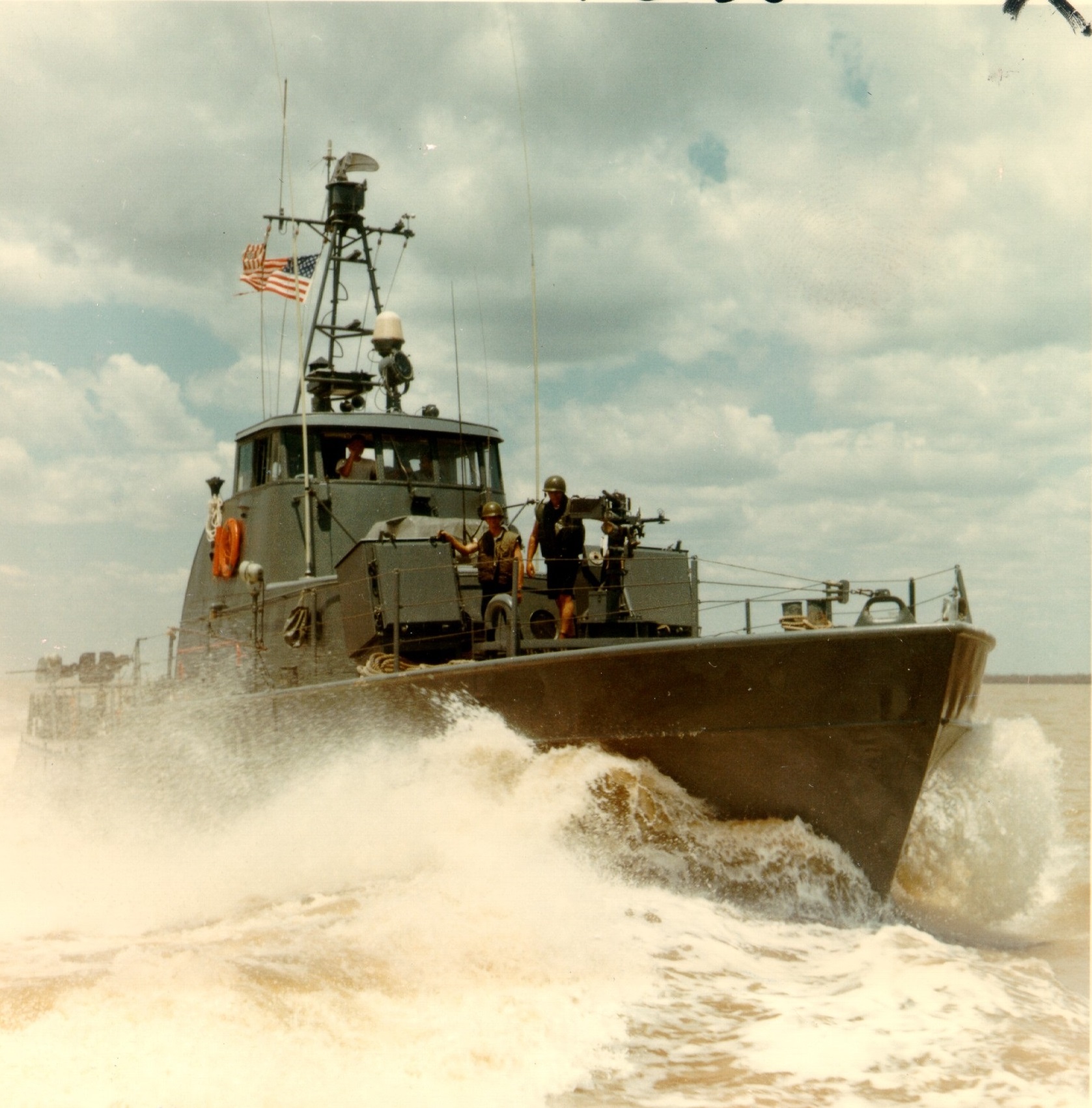 2)	A Coast Guard 82-foot patrol boat underway in the brown water of South Vietnam’s waterways. (U.S. Coast Guard)