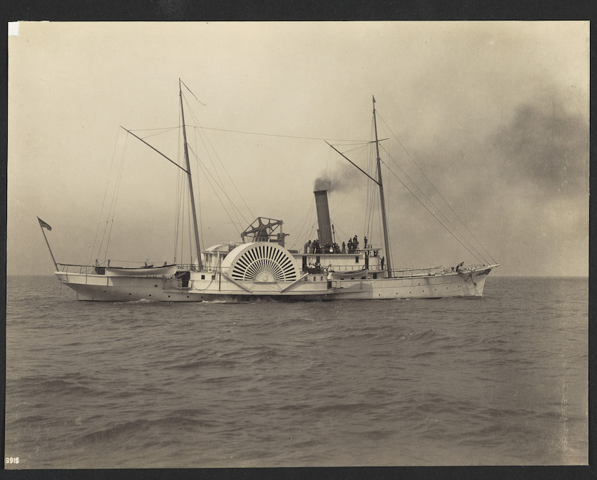 Vintage photograph of Detroit-based revenue cutter, Fessenden, showing the coal smoke blowing forward from a tailwind. (Historic New England)