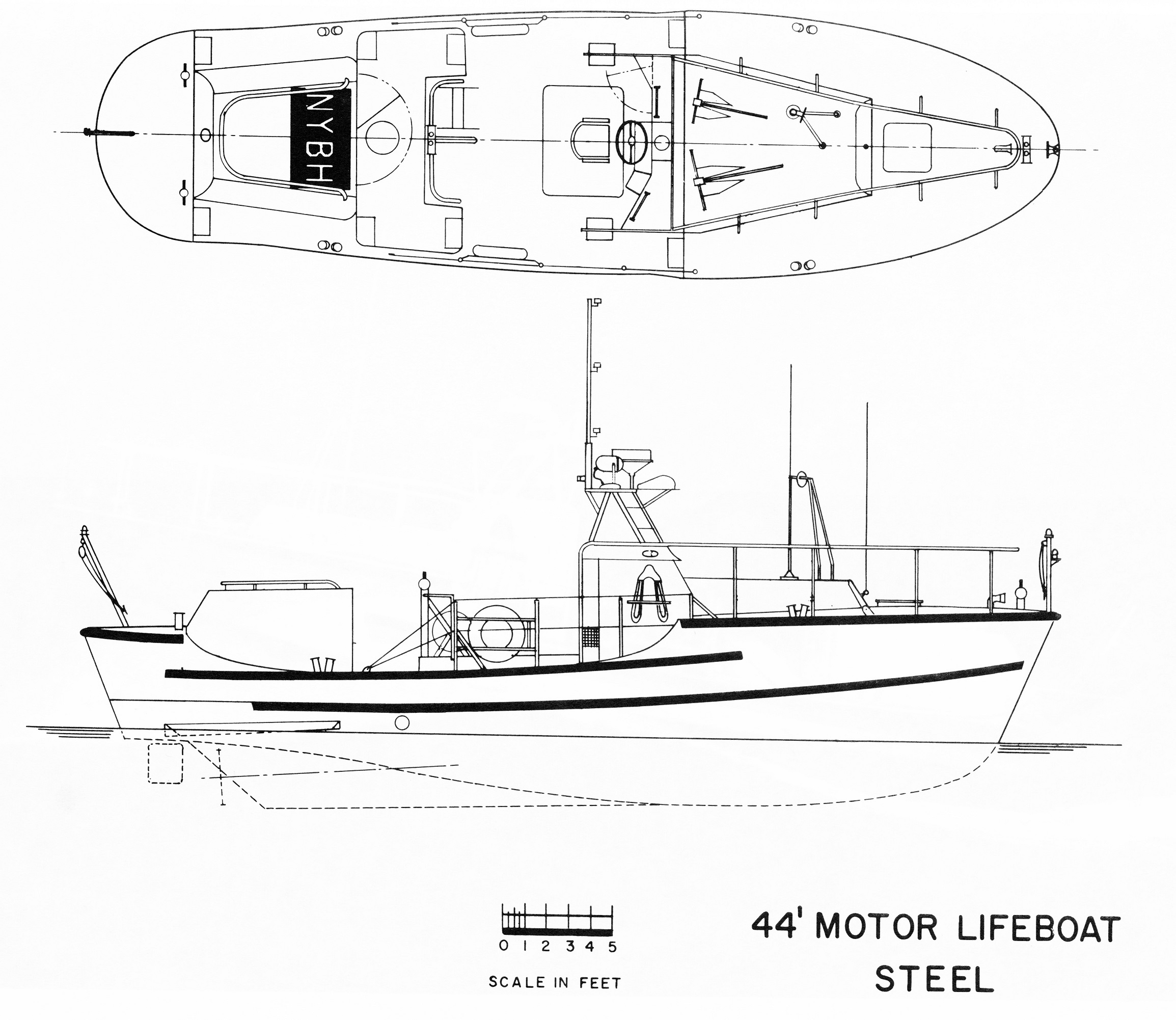 Profile view of the Coast Guard’s famed 44-foot utility boat, showing the dimensions and design of this very successful motor lifeboat. (U.S. Coast Guard)
