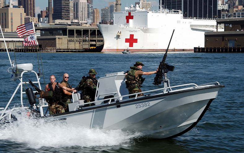 A Coast Guard port security unit boat providing security in New York Harbor after the 9/11 terrorist attack. (U.S. Coast Guard)