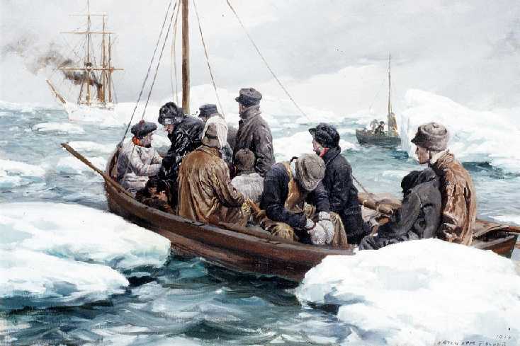 Painting of the Revenue Cutter Bear rescuing whalers adrift in the Bering Sea. (U.S. Coast Guard Collection) Painting of the Revenue Cutter Bear rescuing whalers adrift in the Bering Sea. (U.S. Coast Guard Collection)