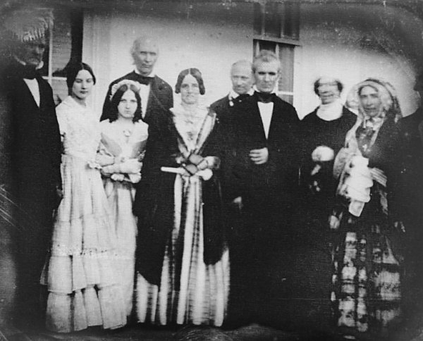 Very rare photograph showing James Buchanan and Harriet Lane on the far left, with President James Polk, his wife and Dolley Madison in the center. (Eastman House)