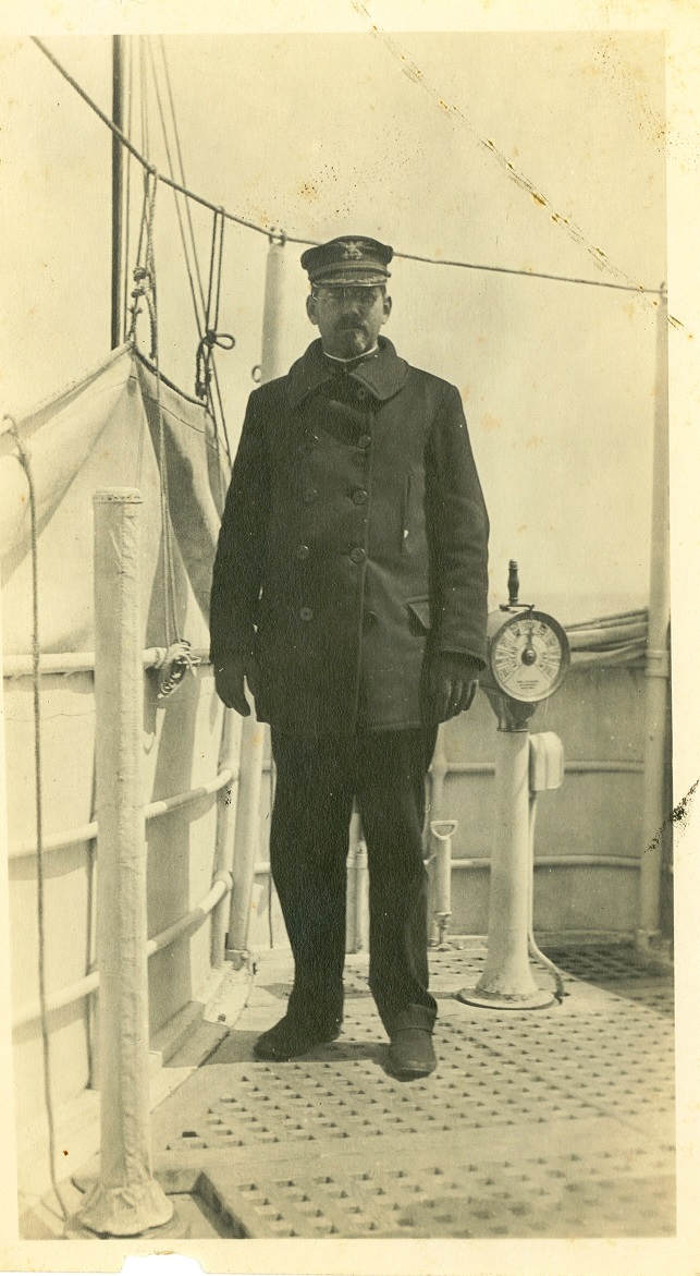 Capt. Charles Satterlee on the flying bridge of Cutter Tampa in 1916. His cold weather gear indicates the vessel was likely on International Ice Patrol duty rather than its homeport of Tampa. (USCG, provided. (U.S. Coast Guard)