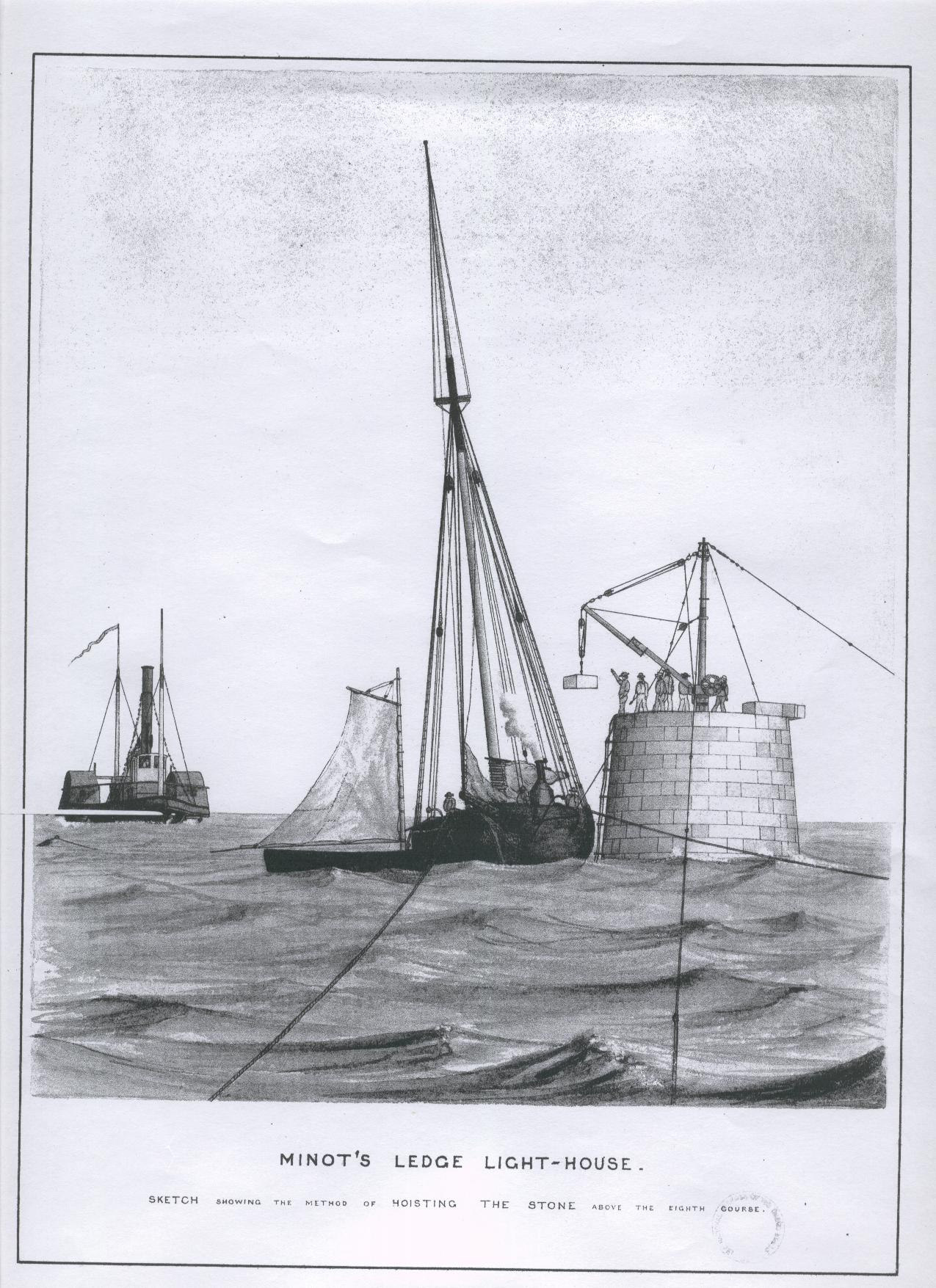 Engraving of early construction showing the steam-powered lighthouse tender Van Santvoort and a construction barge. (U.S. Coast Guard)