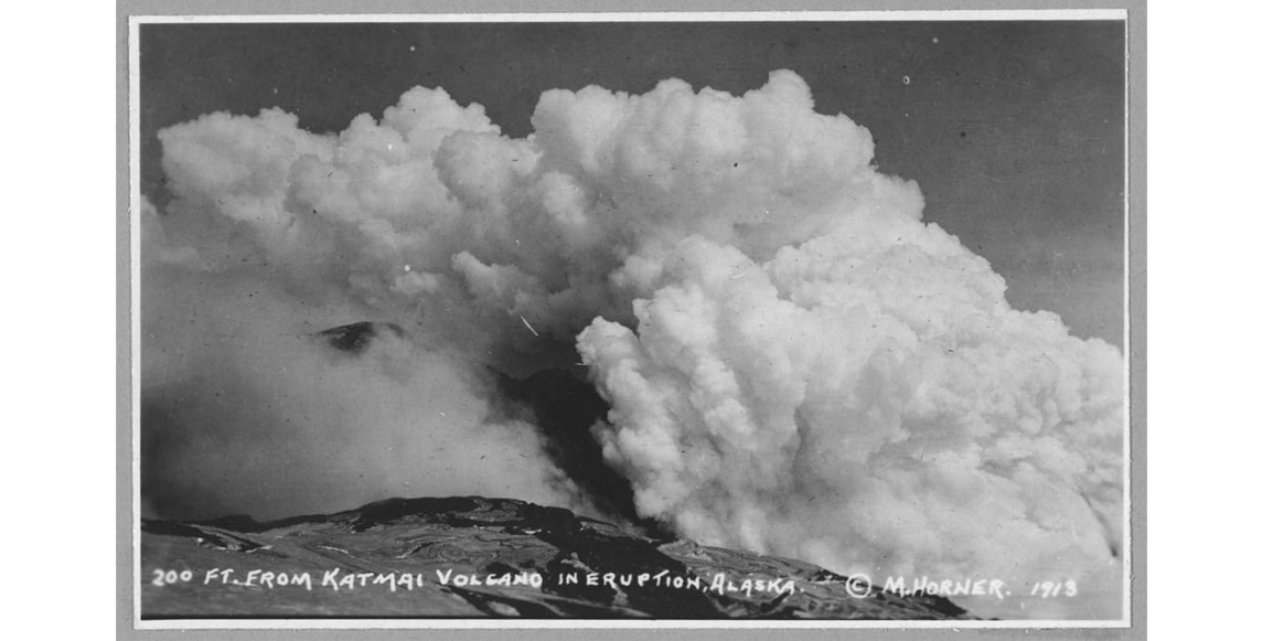 View 2,000 feet away from the caldera of Katmai Volcano while erupting, June 6, 1912. (Library of Congress)