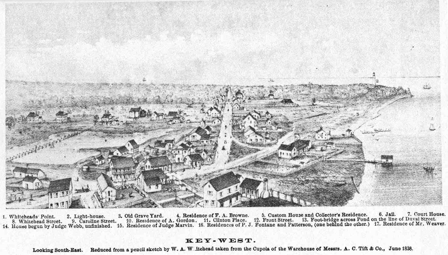 Second engraving of Key West in 1838 facing south, showing homes and the city’s first lighthouse kept by Michael Mabrity and, after his death, by Barbara Mabrity. [From “Key West: The Old and the New” (Browne, 1912)]