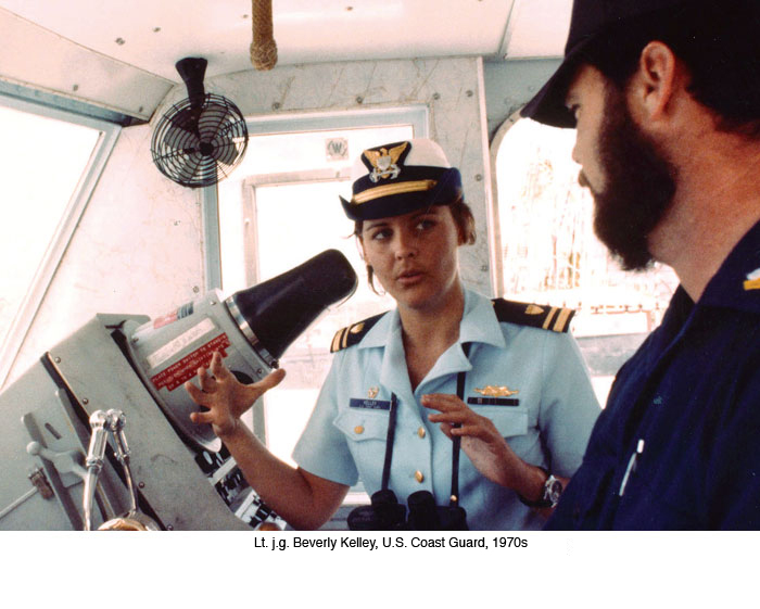 Beverly Kelley, first woman to command a U.S. military vessel, on the bridge of the 95-foot Cutter Cape Newhagen. (U.S. Coast Guard)