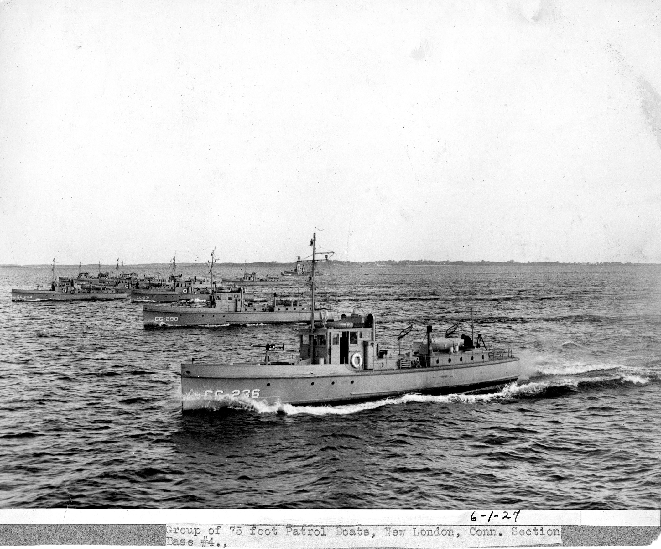 3.	Image of the fleet of 75-foot cutters stationed at New London, Connecticut. Tantaquidgeon’s CG-289 is likely one of the “six-bitters” located in the background. (U.S. Coast Guard)