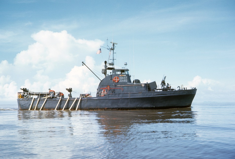 The 82-foot patrol boat Point Cypress in camouflage paint scheme in Vietnam. (U.S. Coast Guard)