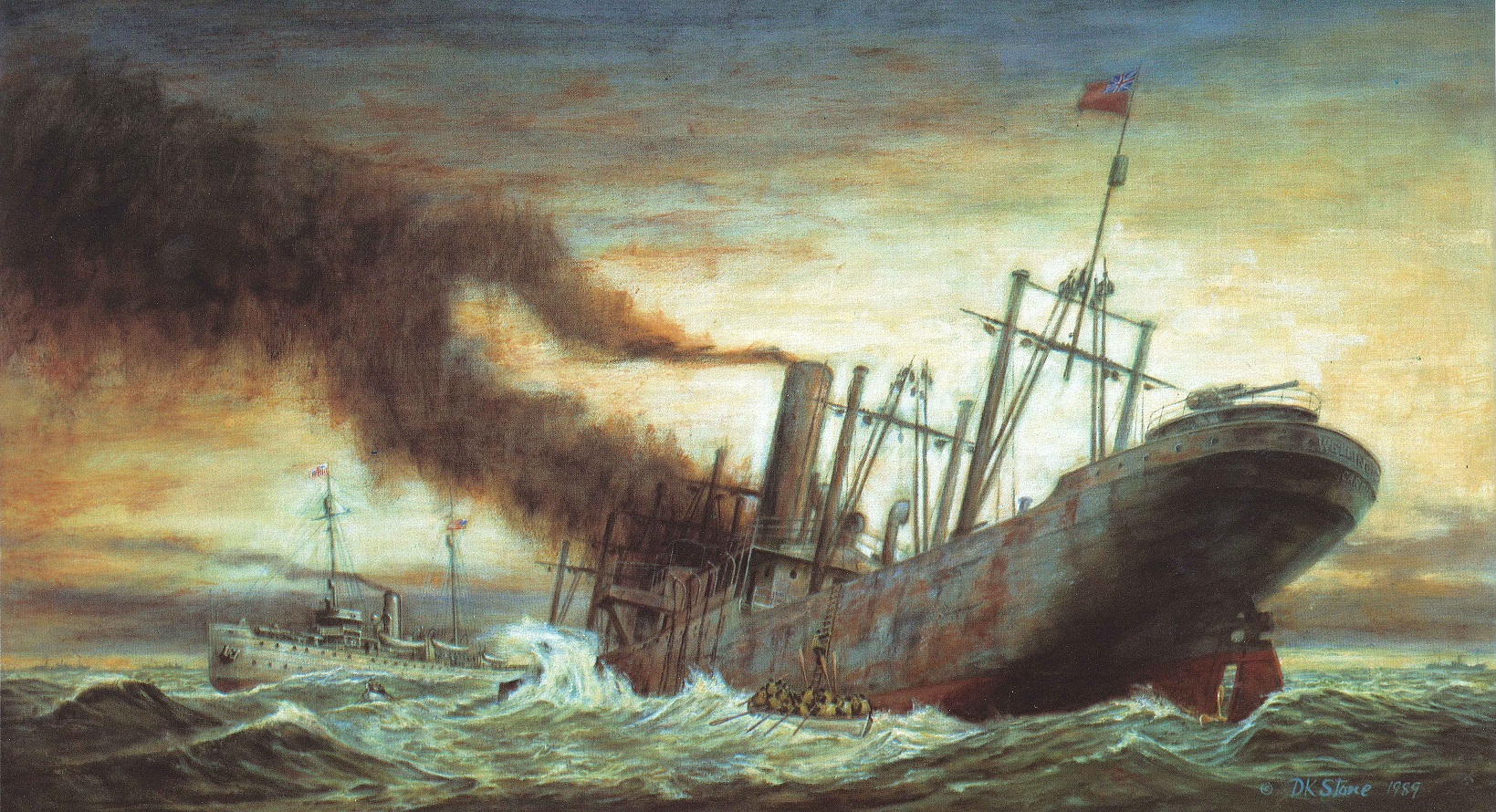 3.	Painting of the SS Wellington with Seneca in the background. This rescue effort is the most honored combat-related operation in Service history. (Coast Guard Collection)