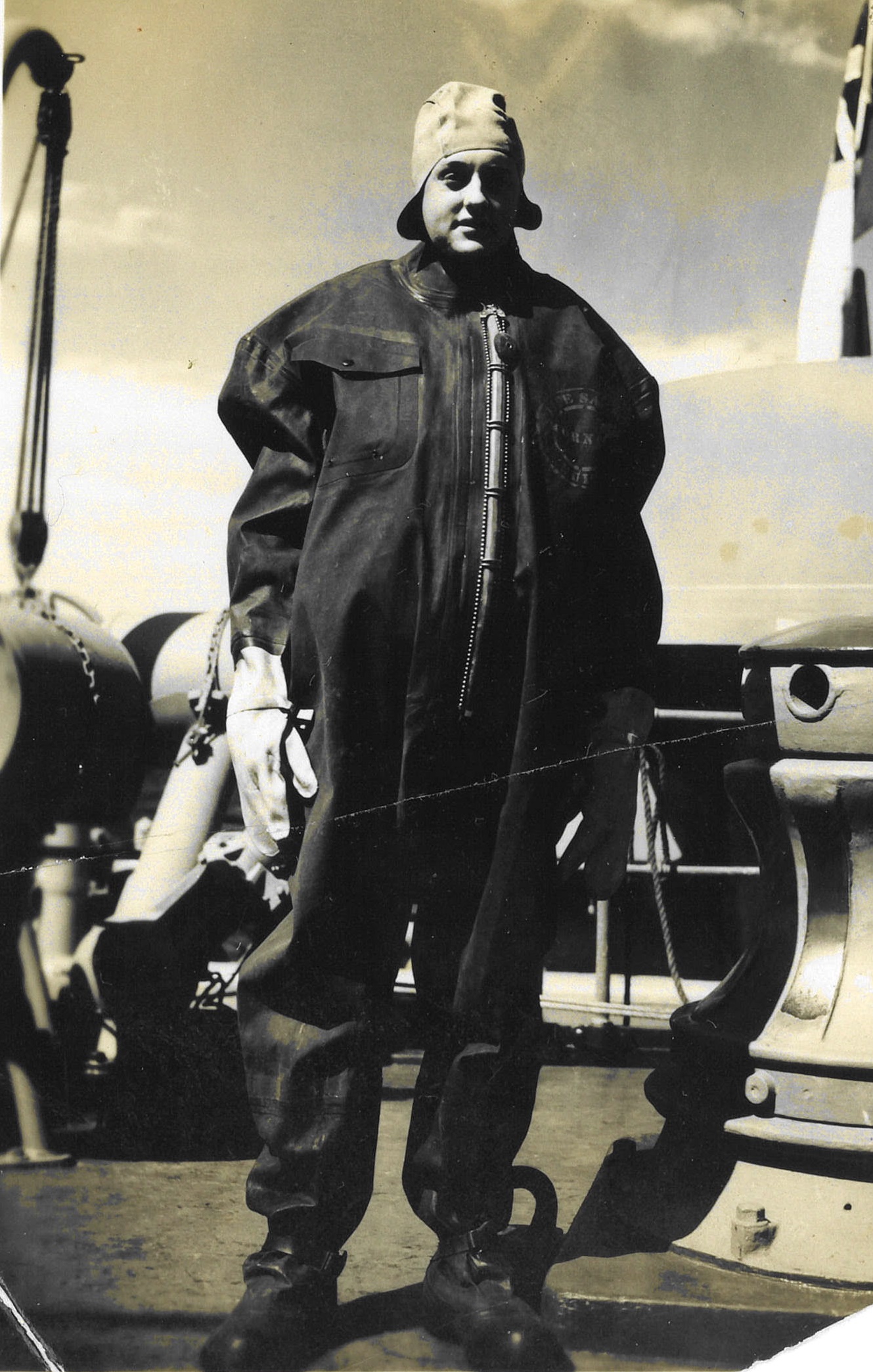 A state-of-the-art military-issue dry suit in 1943. (Courtesy of U.S. Coast Guard)
