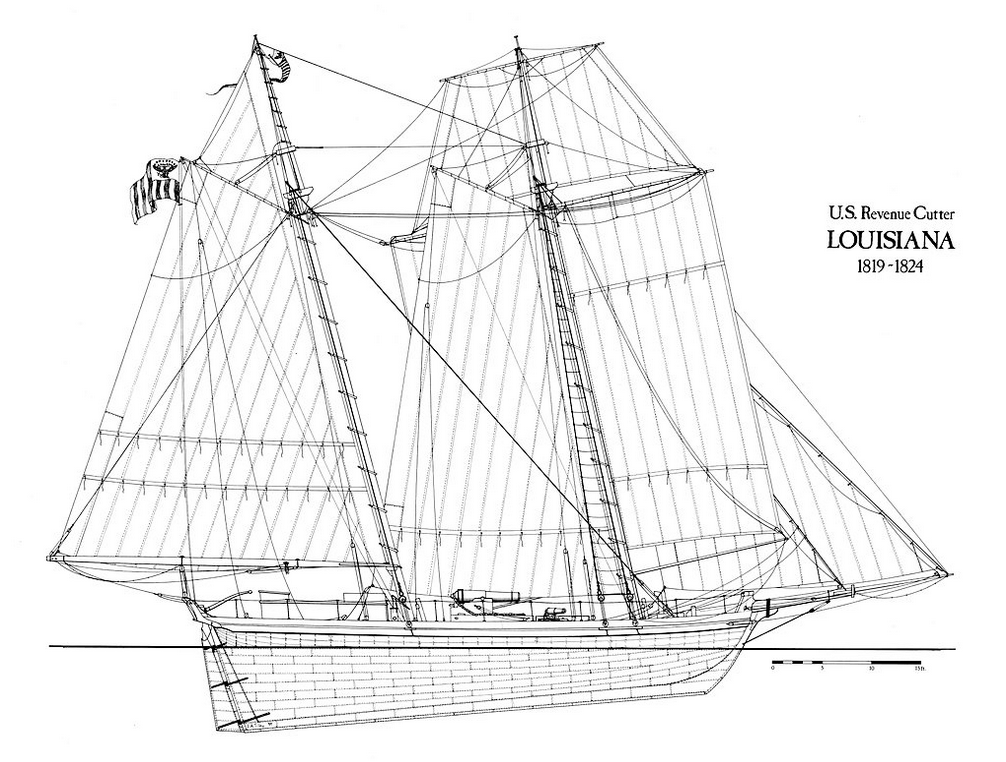 Un dessin de Revenue Cutter Louisiana, soeur cutter de l'Alabama.  Ces coupeurs mesuraient 55 pieds de long et 18 pieds de large.  Ces coupeurs étaient à l'origine équipés d'une paire de canons de 3 livres, qui a ensuite été portée à quatre.  (Garde côtière américaine)