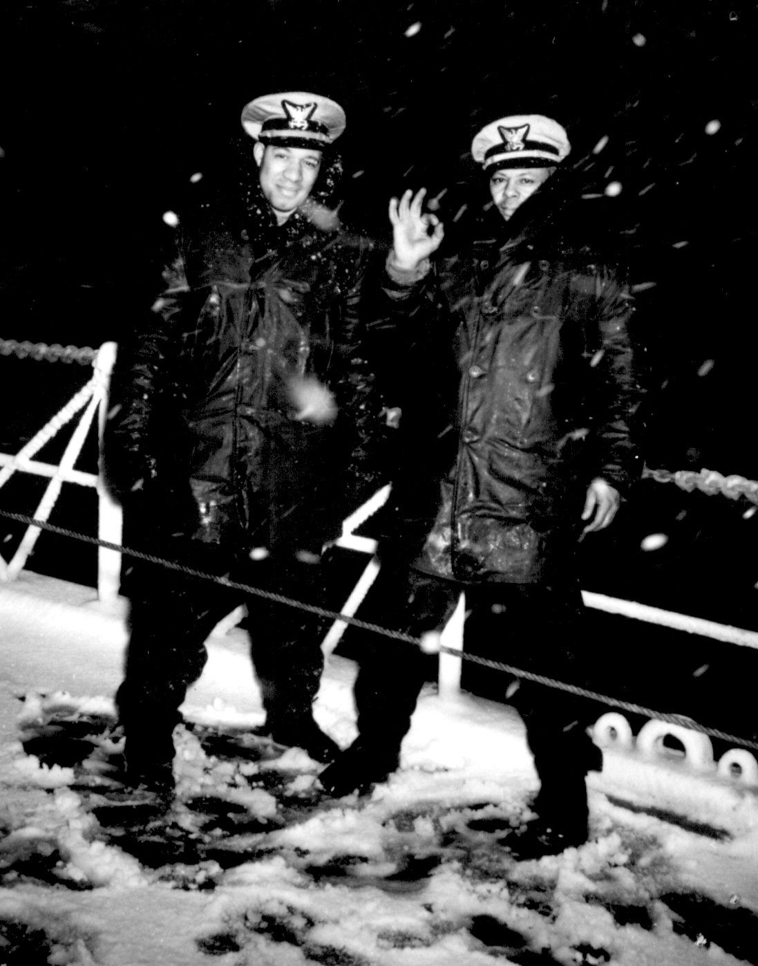 4.	Two African American officers Joseph Jenkins and Lt. Clarence Samuels aboard the desegregated cutter Sea Cloud during a patrol in the North Atlantic. Samuels (right) also had the distinction of becoming the first recognized African American cutter captain. (U.S. Guard)