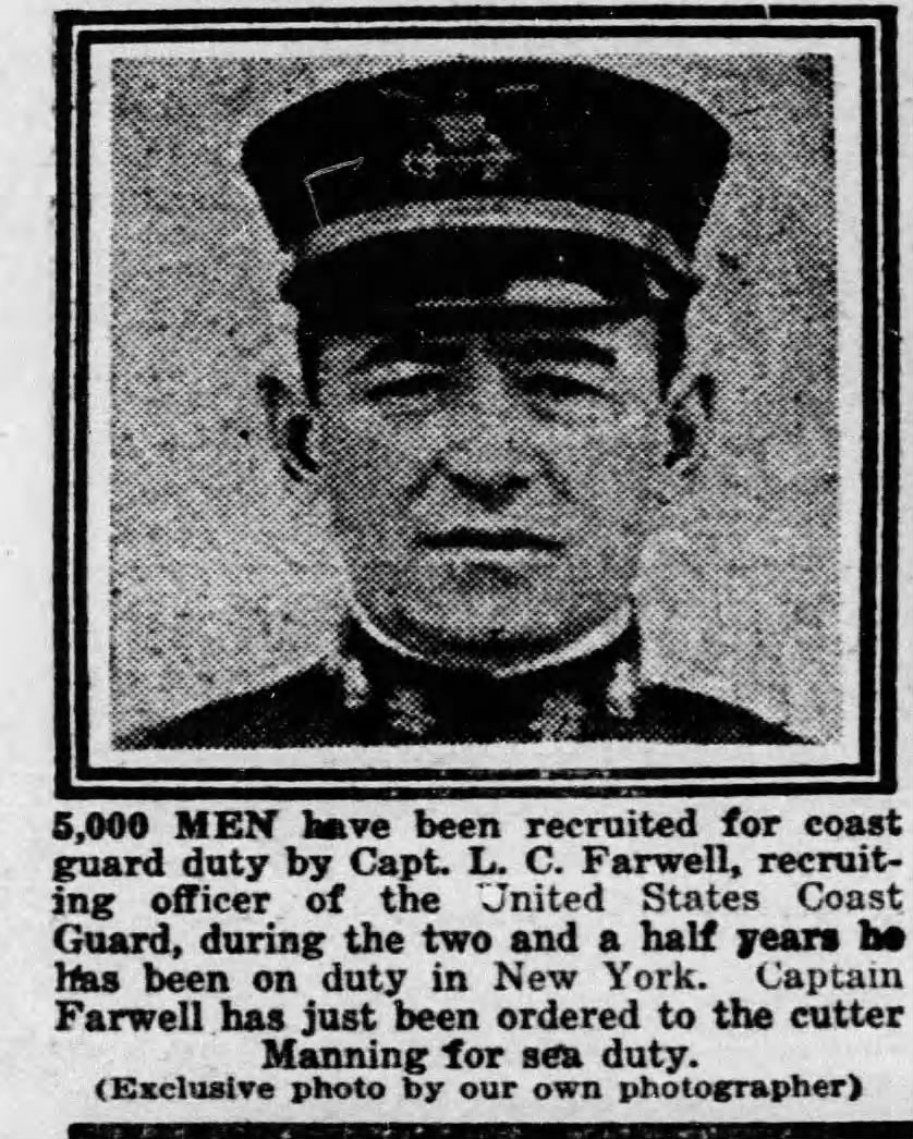 Faded newspaper photo of Lt. Lorenzo Farwell, a Coast Guard recruiter who declined to enlist the Baker Twins. (New York Daily News, November 1, 1919)